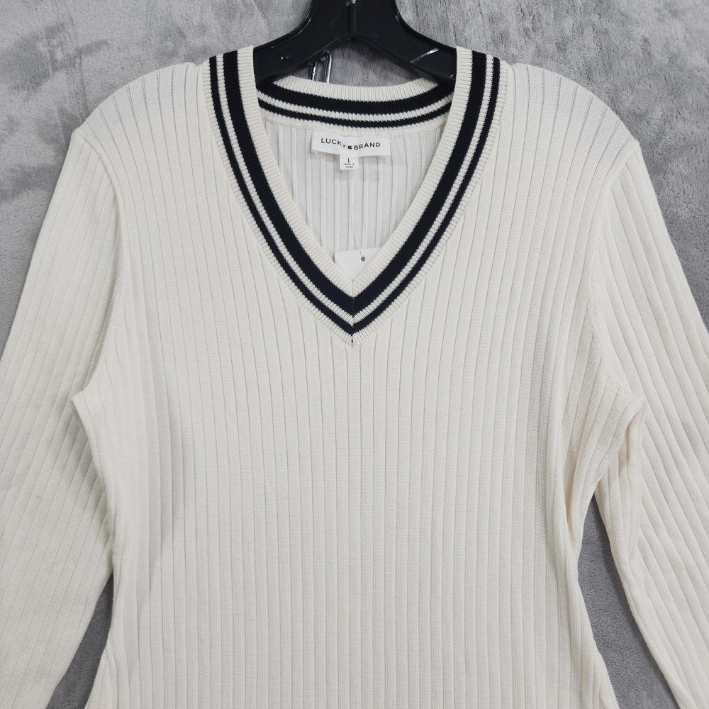 NEW Lucky Brand Dress Womens L White Black Stripe V-Neck Sweater Midi A-Line - Picture 3 of 14